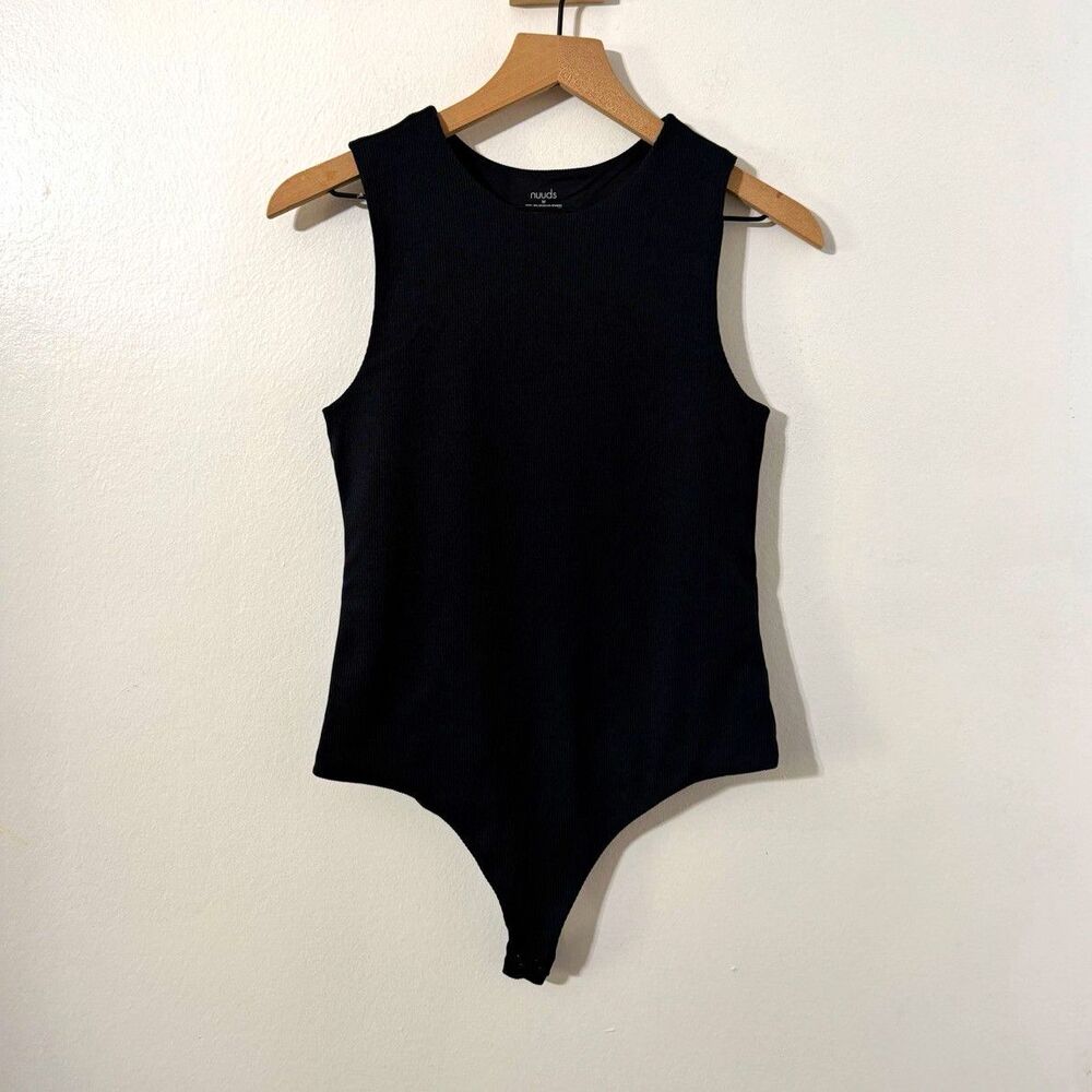 Nuuds Black Ribbed Sleeveless Bodysuit Size Med Compression Stretch Minimalist